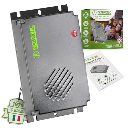 ISOTRONIC - Dissuasore a ultrasuoni per topi e ratti, repellente scaccia roditori, funzionamento a batteria, protezione mobile per giardino casa cantina e tetto piatto senza prodotti chimici