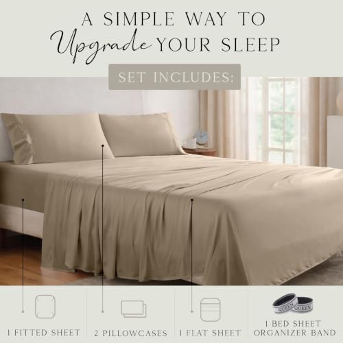 Image of KARISSA MAE Luxury Bamboo Viscose Queen Size Sheet Set | FSC Certified | Cooling | Ultra Soft | 18 inch Deep Pockets | Elastic Corner Straps | Includes Organizer Band [Wheat]