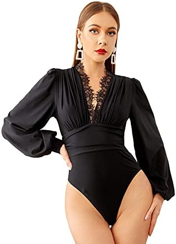 WDIRARA Women's Lace Trim Bishop Long Sleeve Deep V Neck Skinny Bodysuit Pure Black XL