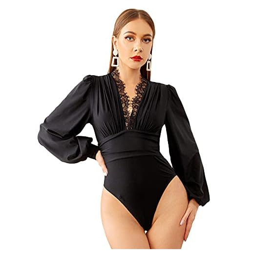 WDIRARA Women's Lace Trim Bishop Long Sleeve Deep V Neck Skinny Bodysuit Pure Black M