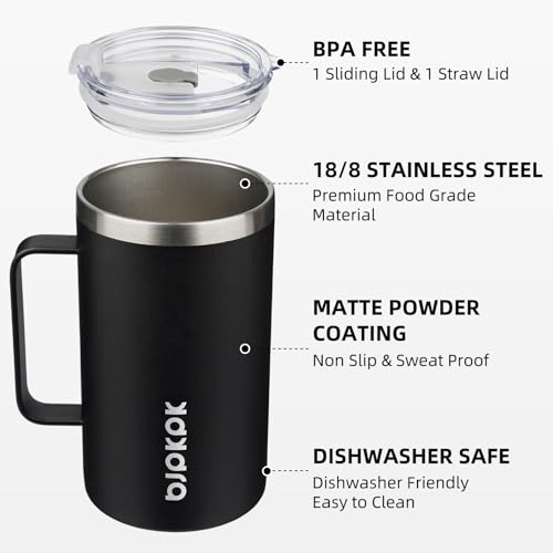 Image of BJPKPK 25oz Insulated Coffee Mug with Handle, Stainless Steel Travel Mug | Keeps Drinks Hot & Cold, Double Wall Vacuum, 2 Lids Included, BPA-Free Coffee Tumbler for Home, Office & Travel