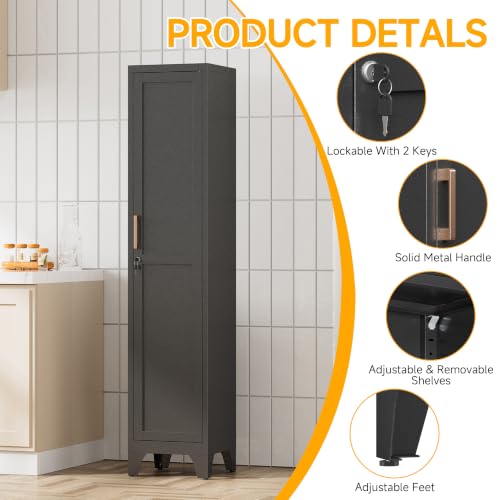 Image of 67 inchH Black Metal Locker with 1 Lockable Door and 4 Adjustable Shelves For Employees, 5 Tier Thin Storage Cabinet with Detachable Legs and Gold Handle for Kitchen,Office,Gym,School,Easy Assembly 2Pcs