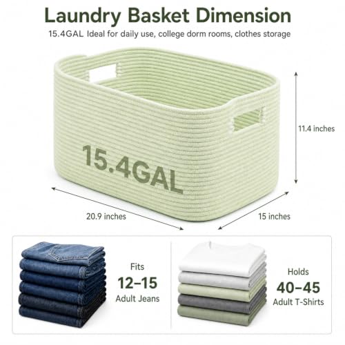 Image of 15.4GAL Woven Laundry Basket for Kids, Cute Boho Square storage basket for Living Room Decor, Baby Girls Boys Toys Stuffed Animal Decorative Short Hamper for Dirty Clothes, Bath Towel Sage Green