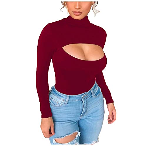 ForeFair Women s Fitted Long Sleeve Sexy Cut Out Shirts Turtleneck Keyhole Tops Bodycon T Shirts (Wine, Small)
