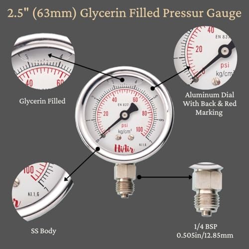 Image of Glycerin Filled Bottom Pressure Gauge 0-7kg /cm2 (0-100psi), 63mm (2.5inch) Dial Size, 1 /4BSP Male Connection, DM (Direct Mounting) Bottom Entry