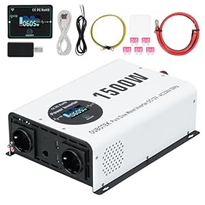 OUBOTEK Wechselrichter 1500W / 3000W Reiner Sinus DC 12V auf AC 230V mit Drahtloser Fernbedienung LCD-Anzeige 2 AC-Steckdosen 2 USB A und 1 Type C, spannungswandler für Wohnmobil Zuhause Off Grid