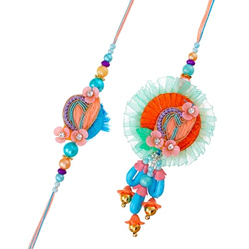 Image of Bhai Bhabhi Rakhi Set - Peacock Designer Rakhi with Stone & Pearl Work Lumba with Tassel for Bhabhi | Raksha Bandhan Gift