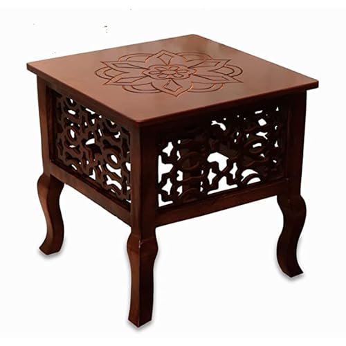 Image of Wooden Table with Hand Carving Design Living Room, Bedroom Furniture Square Top Side End Accent Table for Living Room, Bed Room, Office etc