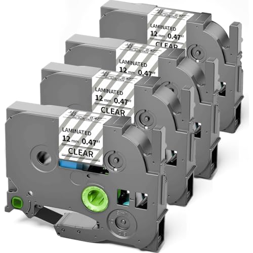 TZe TZ Tape 12mm 0.47 Laminated Clear Replacement for Brother P-Touch Label Tape Clear TZe-131 Label Maker Tape Black on Clear Work for Ptouch PT-H110 PT-D210 Refills, 1/2 Inch x 26.2 ft, 4-Pack