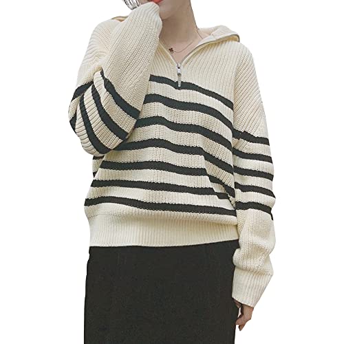 Babalet Womens Striped Knit Lapel V Neck Zip Collar Pullover Sweater3