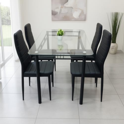 Image of Metal Dining Table Set with Clear 12 mm Thick Toughened Glass Top with Chair for Home Kitchen & Dining Room (Black Full Cushion, 4 Seater 2.5 x 4 feet)