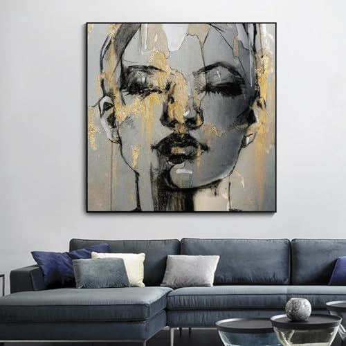 Art abstrait toile peinture noir et blanc fille dorée décoration murale