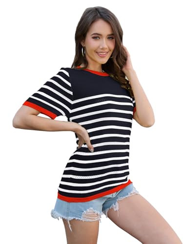 Image of ANCAPELION Women's Short Sleeve Sweater Top Striped Knit Crew Neck Pullover for Summer Trendy Shirts
