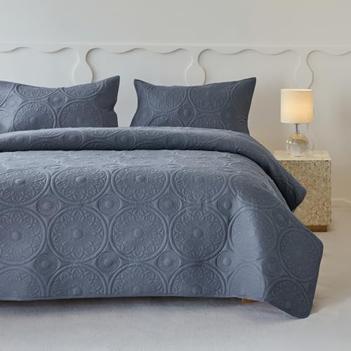 Simple&Opulence Gesteppte Tagesdecken 220x240cm - 3 Stück Weiche Wendbare Mikrofaser Bettdecke, Floral Geprägtes Bett Überwurf Set mit 2...