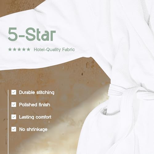 White Classic Waffle Bathrobe for Women, Men, 100% Turkish Cotton, Luxury Terry Interior, Waffle Exterior, One Size Fits Most4