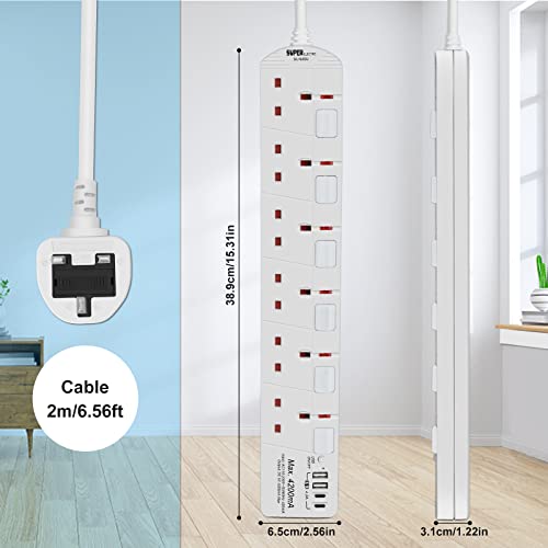 SE UKASE Extension Lead with USB Slots(5V/5A), 6 Way Plug Sockets with Individual Switches USB and Type C - Image 4