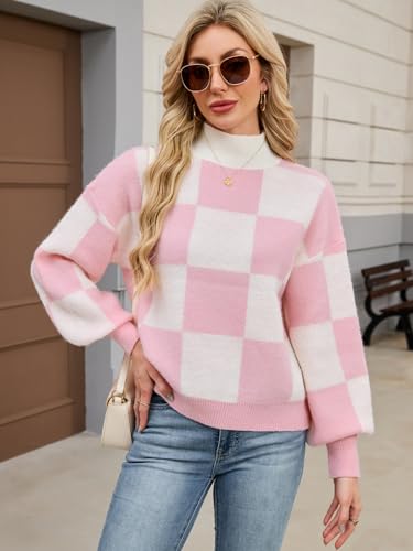 Womens Oversized Cute Checkered Sweater Fall 2025 Trendy Preppy Chunky Knit Mock Neck Long Sleeve Pullover Sweaters4