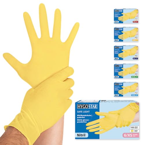 100x Hygostar Einweghandschuhe Safe Light, Einmalhandschuhe Größe XS, reißfeste Nitrilhandschuhe, puderfrei, latexfreie Gummihandschuhe, Handschuhe Einweg, Gelb in XS, S, M, L, XL & XXL