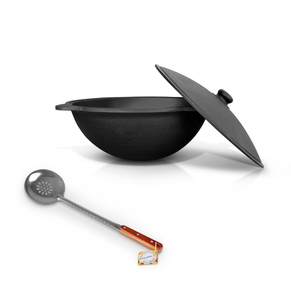 Kazan 12L de hierro fundido – Kazan uzbeko con tapa de aluminio y espumadera – Ø 48 cm – Ideal para Plov, Wok, horno de fuego y cocina al aire libre
