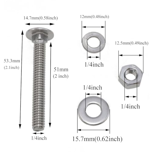Image of Stainless Steel 18-8 Full Thread Covering 1 /4-20 x2 Carriage Bolts and Nuts kit Square Bolt t Slot Bolts Head Bolts Hexagon nut for Front Bolt Spring Washer and Flat Washer Silver 10Set