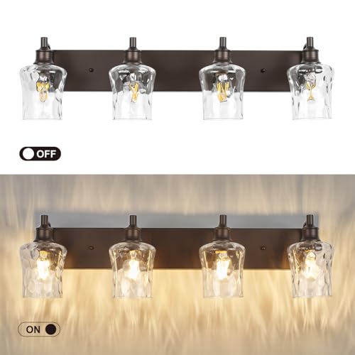 Image of Bathroom Light Fixtures Farmhouse Oil Rubbed Bronze Vanity Lights for Bathroom Lighting Fixtures Over Mirror with Hammered Glass Lampshade for Cabinet Mirror Bedroom Hallway 4 Light