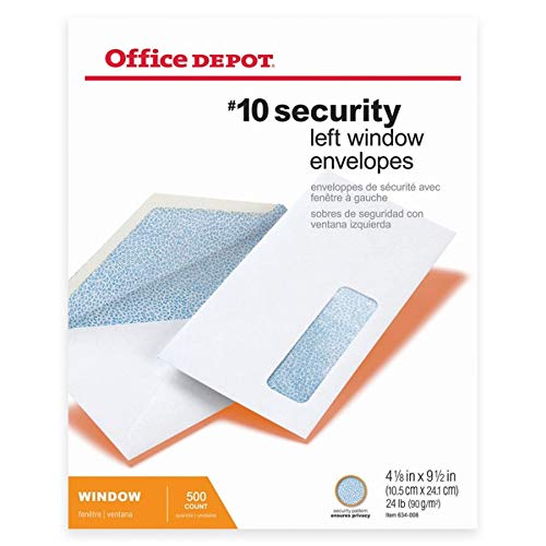 Office Depot Security Window Envelopes, #10 (4 1/8In. X 9 1/2In.), White, Box Of 500, 12017 #TOP4