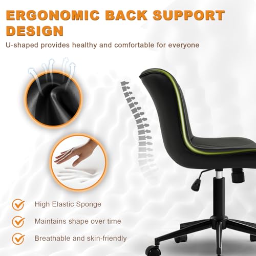 Image of Armless Office Chair, Height Adjustable Desk Chair with Wheels, Ergonomic Comfy 360 Swivel Home Office Computer Task Chair, Faux Leather Padded Cute Vanity Chair,Black