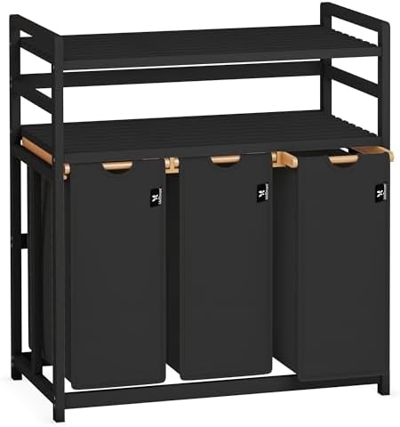 AdelDream Wäschekorb 3 Fächer 150L, Wäschesammler,2 Ablagen,Bambus | Wäschesortierer mit 3 x 50L Fächer ,ausziehbar abnehmbar,Schwarzer Bambusrahmen,Schwarzes Wäschesäcke