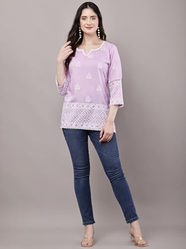 Image of Women's Pink Printed Short Kurti with Lace Trim, 3 /4 Sleeves, Ethnic Indian Style Top