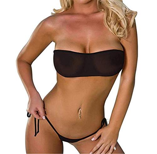 ZHER-LU Damskie trójpunktowe bikini z siateczki, lato, plaża, przezroczysta siatka bandeau top, mini brazylijskie stringi dół, czarny, Rozmiar uniwersalny