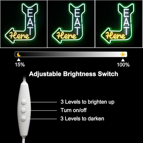 Image of Eat Here Neon Sign with Arrow Guidance for Bar Restaurant Kitchen Decor | Dimmable Kitchen Neon Signs for Wall, Diner Neon Light, Acrylic Business Open Sign, USB Powered, Eat LED Sign, Easy to Hang