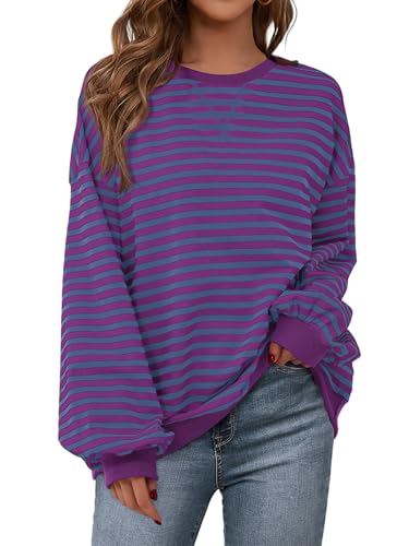Image of PRETTYGARDEN Womens Striped Oversized Sweatshirt Color Block Crew Neck Long Sleeve Casual Loose Pullover Top Y2K Clothes