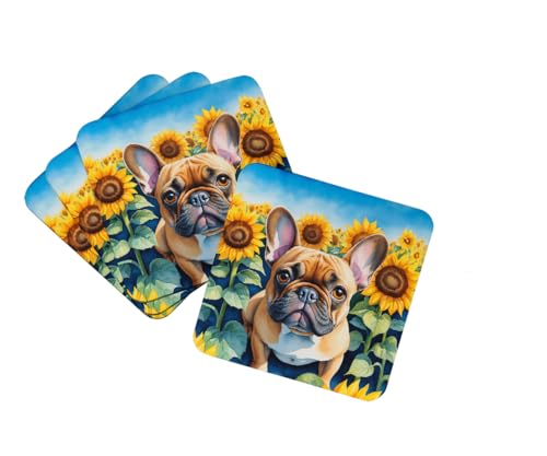 Caroline's Treasures French Bulldog in Sunflowers Foam Coasters Set of 4 Cup Coasters for Indoor Outdoor, Tabletop Protection, Anti Slip, Mouse pad Material