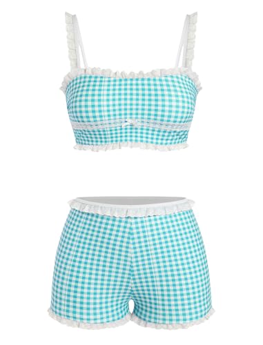 Image of ZAFUL Womens High Waisted Bikini Sets 2 Piece Plaid Ruffle Swimsuits Back Strap Top with High Waisted Shorts Bathing Suit