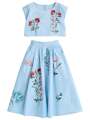 Image of Women Floral Embroidery Dress Sleeveless 2 Piece Tank Top and Skirt Loose Fit Boho Dress