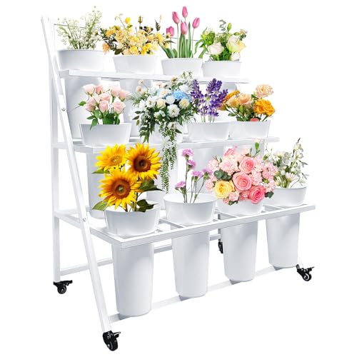 PROLEE Flower Display Stand with 12 Buckets, Flower Cart 3 Layers, Flower Stand Metal with Wheels, Moving Florist Bouquet Shelf, Triangular Rack, White