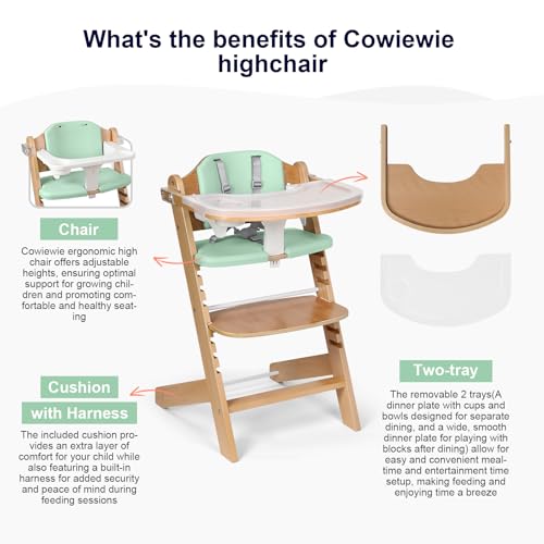 Image of Cowiewie Wooden High Chair for Babies & Toddlers,Convertible Baby Highchair, 8-Level Adjustable Seat & Footrest, Solid Beech Wood, Removable 3-Layer Tray, EVA Cushions, 5-Point Harness, Green