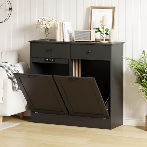 ExploreHorizon Double Tilt-Out Trash Can Cabinet, 2 x 10 Gallon Freestanding Wooden Trash Bin with 2 Hideaway Drawers & Deodorizer, for Kitchen and Living Room Storage - Black