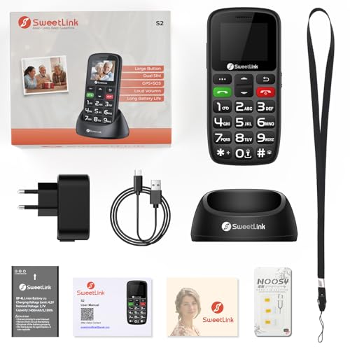 SweetLink S2 Handy für Senioren Ohne Vertrag Dual SIM 2G GSM,1400mAh Akku Seniorenhandy Ohne Vertrag,1,77 Zoll Farbdisplay Großtastenhandy mit Ladestation, SOS Notruftaste, Taschenlampe, FM-Radio