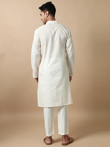 Filori Studio - Men's Self Design Woven Off White Long Kurta (Kurta Only)4