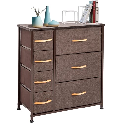 WAYTRIM Dresser Storage Tower with 7 Drawers, Fabric Storage Chest, Organizer Unit for Bedroom, Tall Dresser with Sturdy Steel Frame, Wood Top, Easy Pull Fabric Bins, Wood Handles - Brown