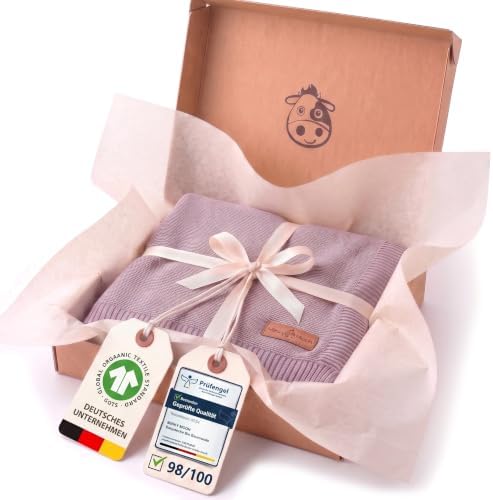 Minky Mooh® - Babydecke aus 100% Bio Baumwolle (Öko-Tex 100) Gr. 94x72cm Flieder - Baby & Kuscheldecke Geschenk für Neugeborene zur Geburt Erstausstattung - Pucktuch & Baumwolldeck
