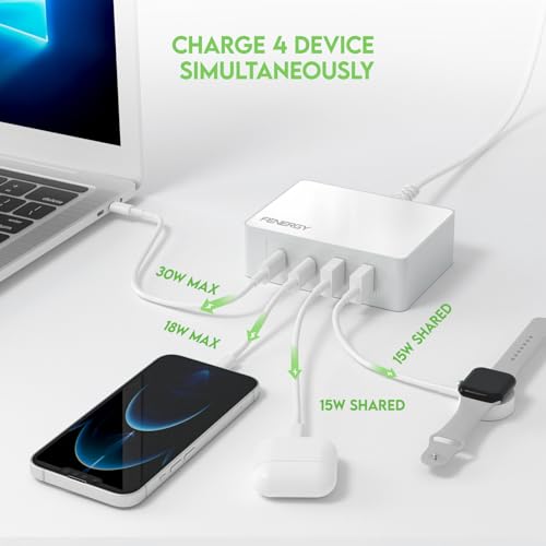 Fenergy 65W USB C Charger Block, GaN Fast Charging Station Hub, 4-Ports USB C and USB A Multiport Desktop Charger Adapter Plug Cube with 6ft AC Cable for iPhone 15 Pro Max/iPad/Galaxy/Tablet and More - Image 4