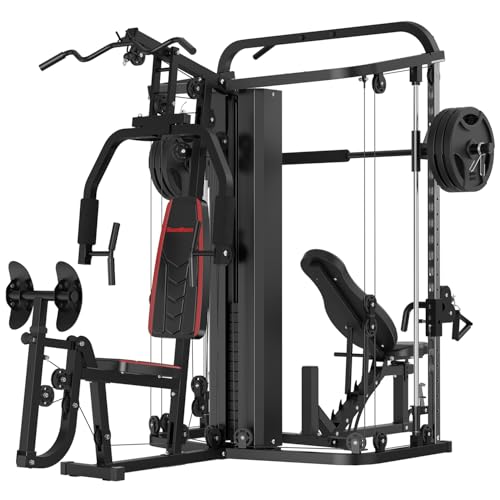 SunHome Multifunction Home Gym System Workout Station,Smith Machine with 138LB Weight Stack and Bench, Leg Press, LAT Station for Full Body Training