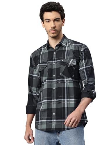 Image of Majestic Man Men's Pure Cotton Cargo Checks Shirt with Dual Flap Pockets - Slim Fit | Full Sleeve | Casual Wear | Trendy & Comfortable