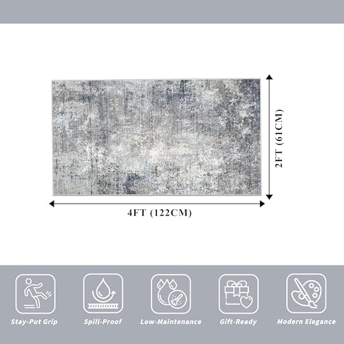 2x4 Runner Rug Washable Non-Slip – Small Throw Rug for Kitchen Floor, Bedroom, Entryway, Bathroom, Bedside – Modern Abstract Neutral Low-Pile Thin Indoor Door Mat（Blue Grey,2x4） - image 2