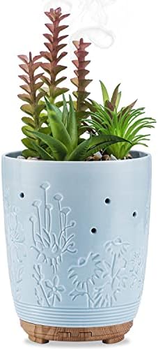 Essential Oil Diffuser, Artificial Succulent Plants Potted Diffusers for Essential Oils with 7 Colors LED Light,Ceramic Cool Mist Super Quiet Aromatherapy Diffuser for Home Office Room (White1)
