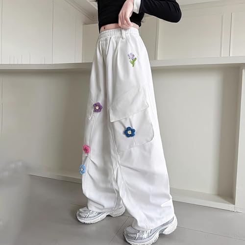 Girls Baggy Sweatpants Cargo Wide Leg Elastic Waist Pink Y2K Athletic Joggers Dance Running (White, 15-16 Years)2