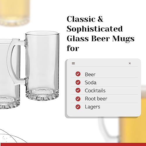 Parnoo Glass Beer Mug - Traditional 25 Oz. Giant Beer Stein With Handles - Heavy-Duty Clear Drinking Glassware For Freezer & Refrigerator - Dishwasher-Friendly Beer Glasses Set Of 2 #TOP2