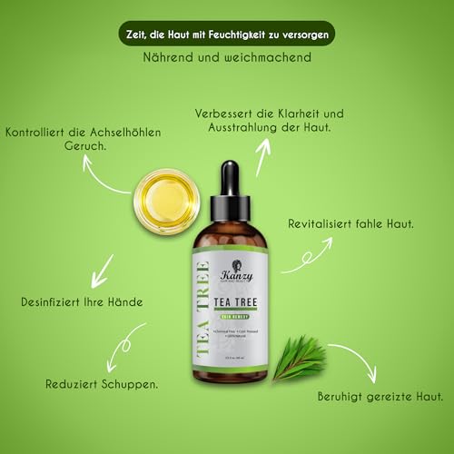 Kanzy Teebaumöl Naturrein 60ml mit Pipette Kaltgepresst Tea Tree Oil für Gesicht, Haut, und Nagel Anti Pickel, Haaröl, Akne Öl, Acne Serum gegen Unreine Haut, Öle für Diffuser